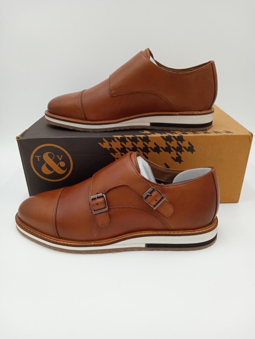 T&V Thatcher Shoes Mens Cognac Brown Leather Monk Strap Dress New Size 8.5